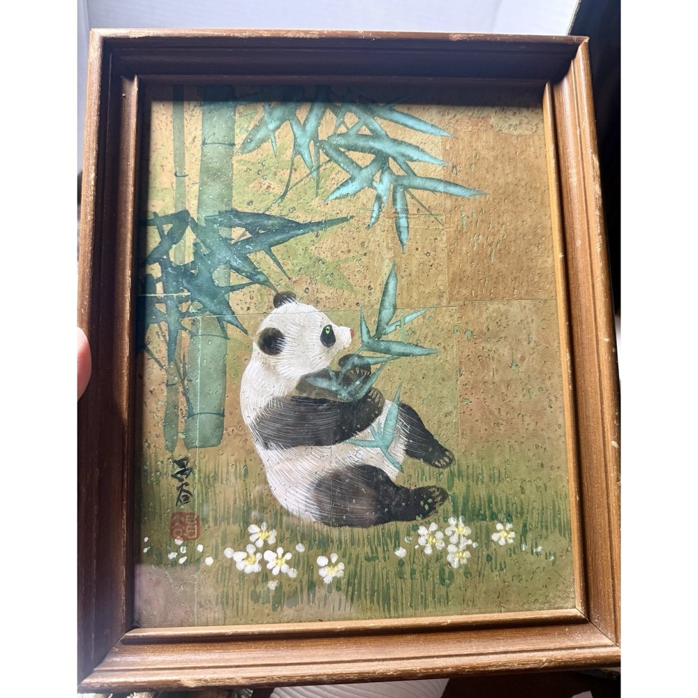 VTG Framed Hand Painted Silk Chinese Panda Painting Chop Mark & Signed 9.5x11.5"